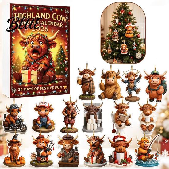 Highland Cow Theme Acrylic Decorative 2026 Calendar Advent Christmas Collection 2D Flat Pendants Ornaments 24 Days Countdown Gift for