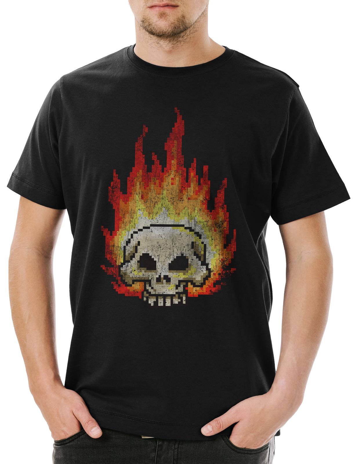 Pixel Burning Skull Mens T-Shirt Mens Womens Tees Top Skull Skeleton Grim Reaper Gamer Gaming Games L