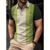 3d Printed Color Striped Polo Shirt, Men's Color Block Pattern Short-sleeved T-shirt, Summer Casual Lapel Top, Large T-shirt