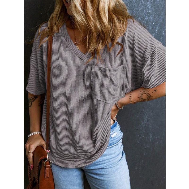 YYFS Women's Fashion Casual Solid Color Print Summer Spring Short Sleeve V-Neck Blouses & Shirts