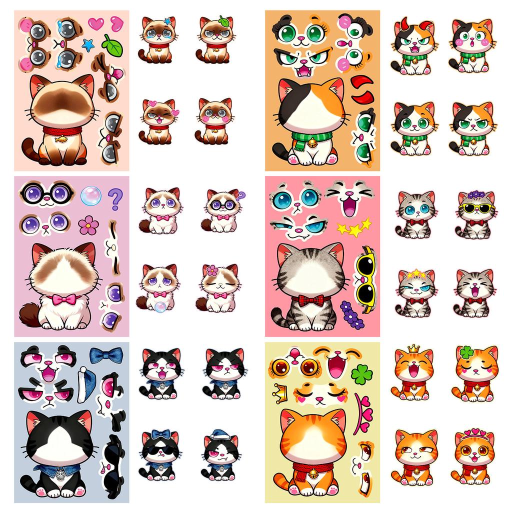 6/12 Pcs Large Cartoon Cat Full Body Make A Face Puzzle Stickers DIY Brain Game for Fridge Stationery Box Notebook Guitar Desk