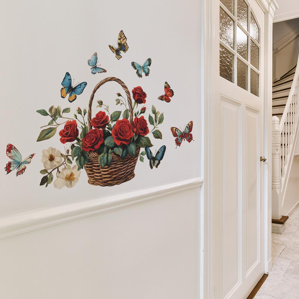 Creative Painted Roses Flower Basket Butterfly Bedroom Living Room Home Background Beautification Decoration Wall Stickers
