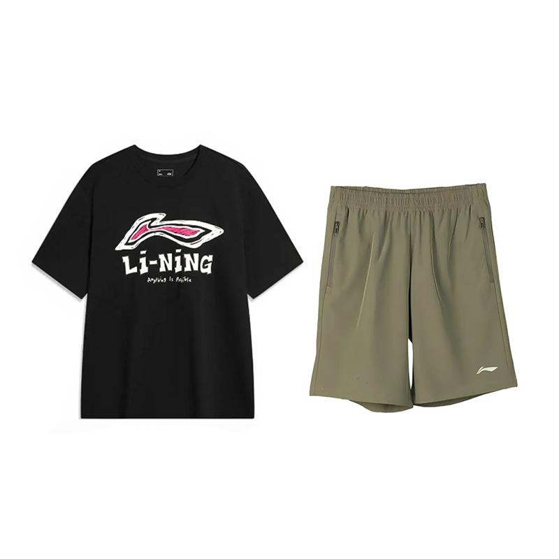 

Li-Ning Letter Logo Printed Fashion Cool Quick-Dry Comfortable Round Neck Short Sleeve Casual Sports Suit Unisex suit AHSU711-1+AKSV841-1 S