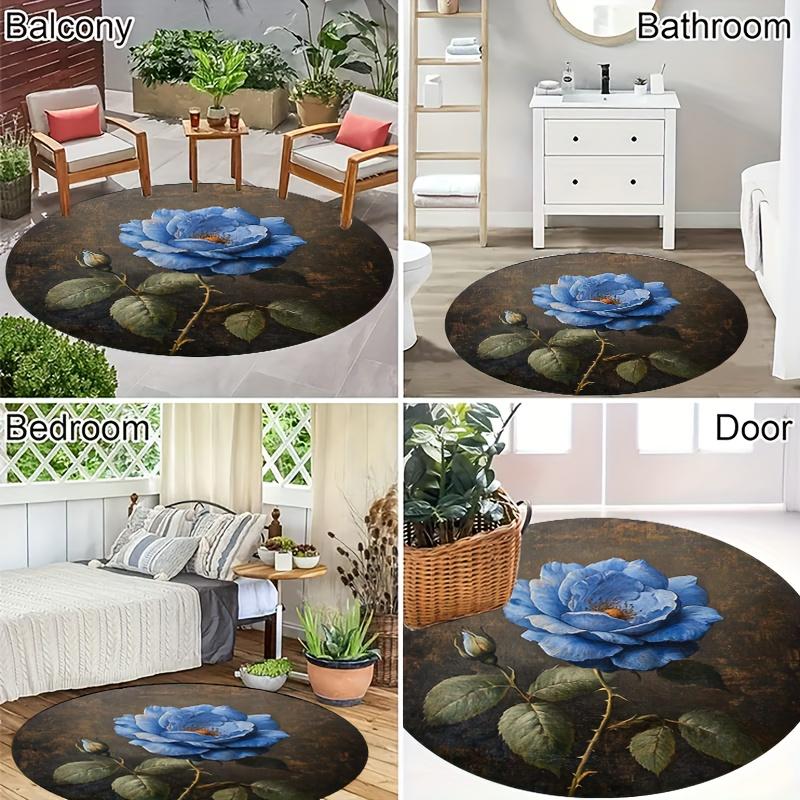 Luxury Blue Rose Floral Pattern Round Shape Floor Mats Kitchen Hallway Runner Rug Bedroom Living Room Soft Carpet Non-slip Area Rug