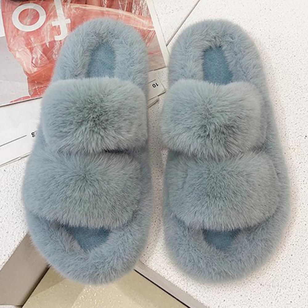 Damen Weiche Plüsch Doppelriemen Hausschuhe Fell Gemütliche Winter Pantoletten