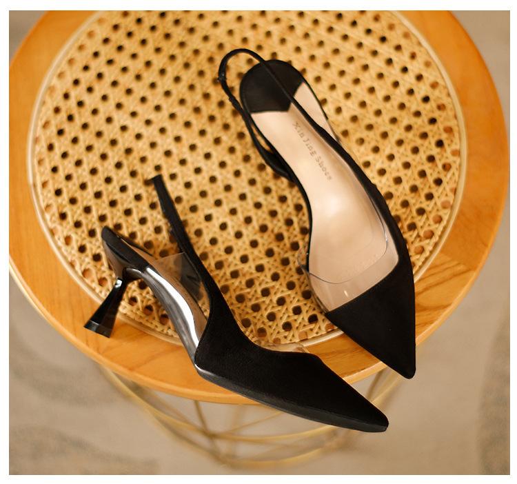 

398-5 Simple thin heel shallow mouth bag head women s shoes new French temperament empty transparent sandals pointed high heels 40 чёрный