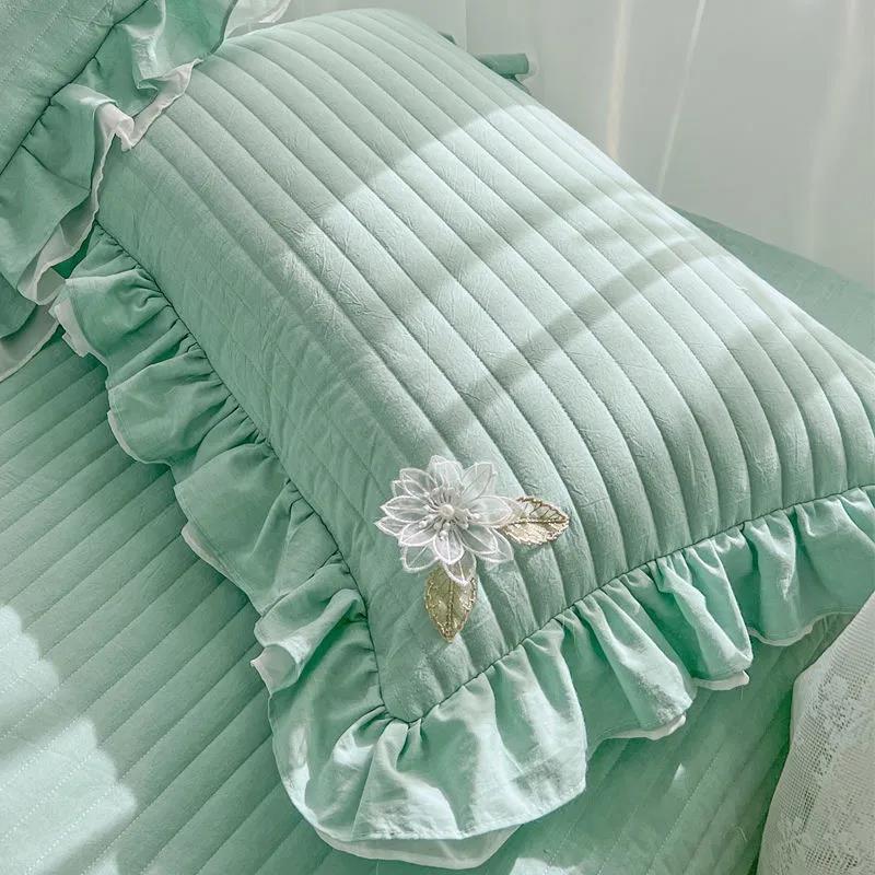 Корейская версия, хлопковая однотонная наволочка с краями листьев лотоса, кружевная подушка в стиле принцессы, 48*74 см зелёный