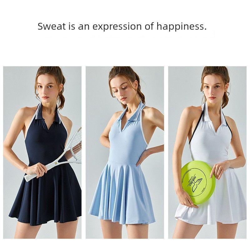 With Chest Pad Fake Two-Piece Fashion Tape Tennis Dress Nude Feel Fabric Dance Badminton Sports Two-Piece Suit Women