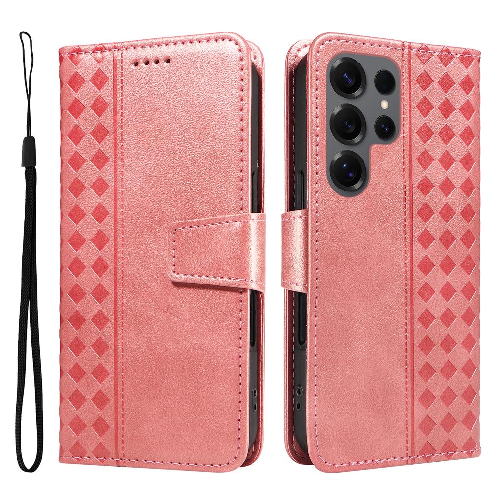 For Samsung Galaxy S25 Ultra Leather Case Wallet Stand Grids Imprinted Phone Cover with Strap