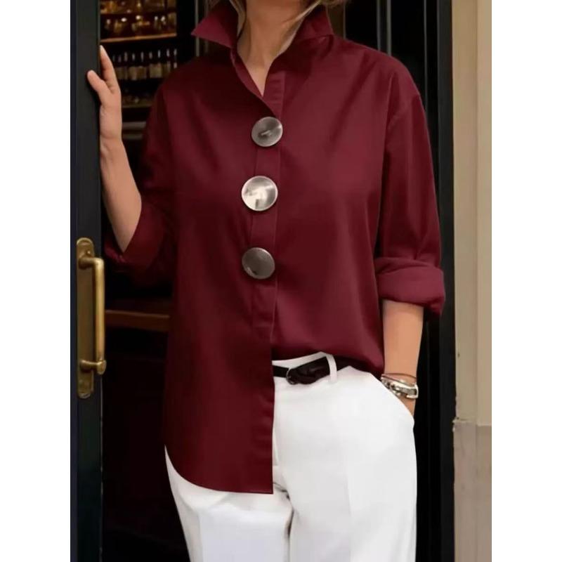 Solid Color Long Sleeve Polo Shirt With Metal Buttons For Summer