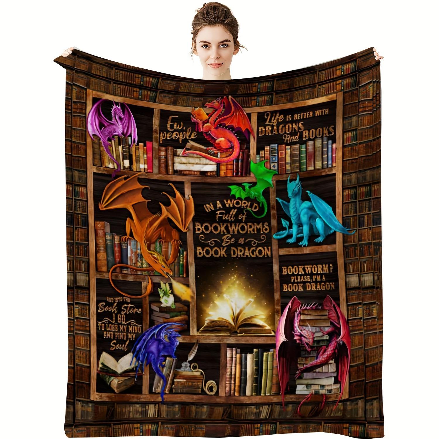 

Book Dragon & Library Blanket Throw Blanket Naps Cozy Soft Flannel Blanket for Couch Bed Sofa Perfect Gift for Kids Home Decor 130x150cm