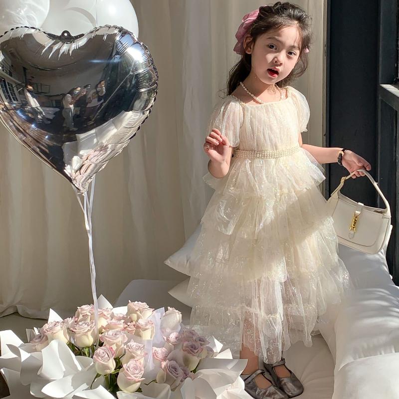 Summer New Girls Fashion Alb Strălucitor Star Mărgele Rochie Tort Copii Gât pătrat Arc Rochii de seară