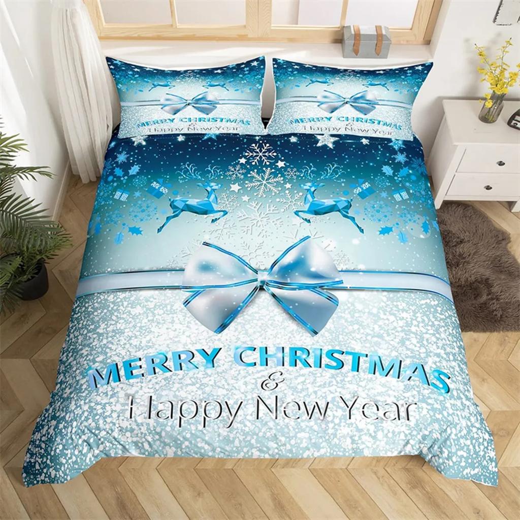 Merry Christmas Duvet Cover Happy New Year Microfiber Xmas Deer Elk Bedroom Decoration for Boys Girls Golden Bow Holiday Gifts