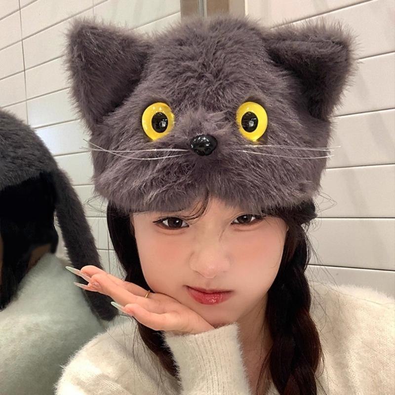Adorable Furry Cats Ear Beanies With Tails Decors Soft Fleece Winter Hat For Women Girls Cold Weather Accessories
