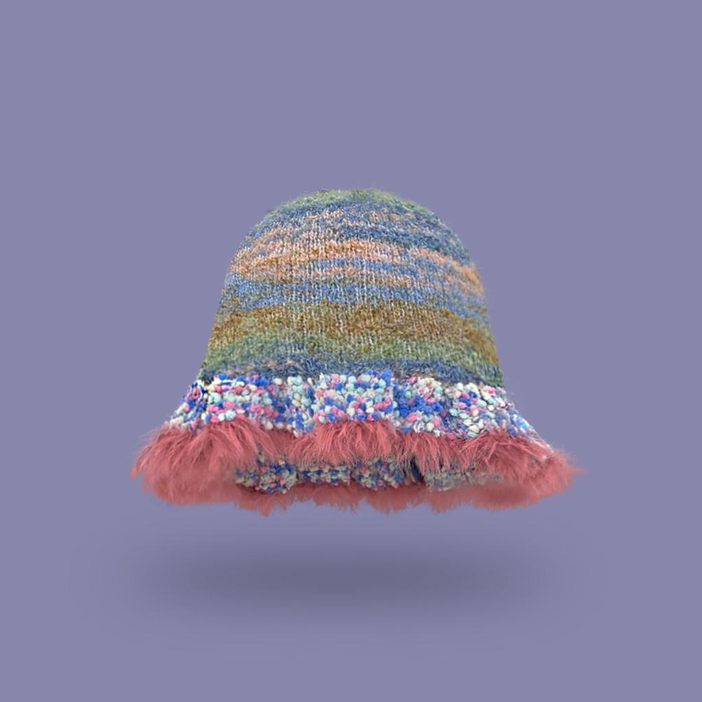 Handmade Knit Striped Bucket Hat for Woman Weaving Striped Plush Floppy Bucket Hat Adult Teens Winter Fisherman Cap
