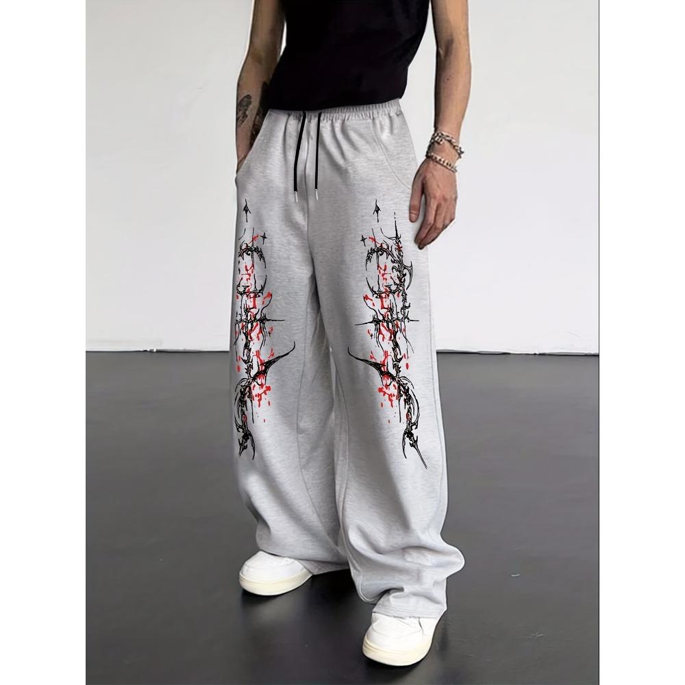 Men's Irregular Pattern Printed Drawstring Waistband Sports Pants, Casual and Comfortable, Classic Wide Leg Pants