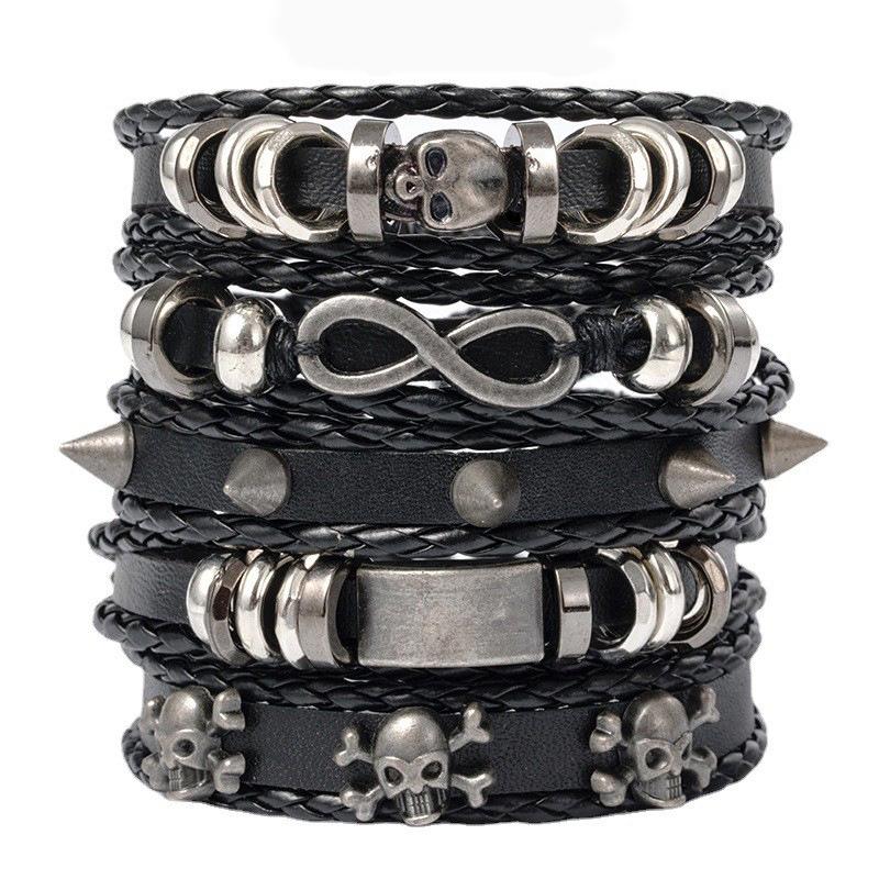 Punk Style Alloy Skull Leather Bracelet Set - European & American Retro Men's Jewelry