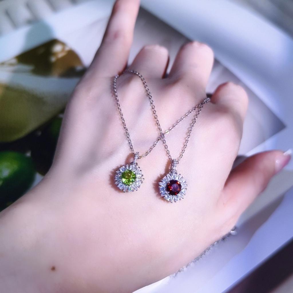 S925 Silver Sunflower Pendant Necklace with Natural Crystal, Micro Pave CZ Choker for Women