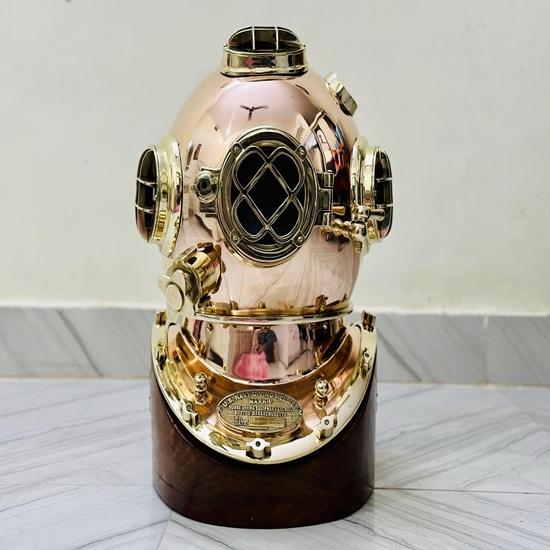 45.72 Cm Copper Brass Diving Helmet Mark V Deep Sea Scuba Divers Helmet With Wooden Base Decorative