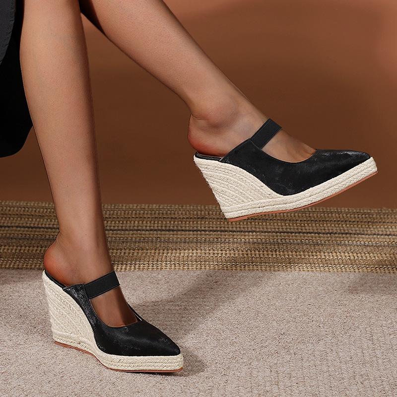 Pantofole da Casa alla Moda Scarpe con Plateau Punta Appuntita Tacchi da Donna a Zeppa Med Morbide Copertura Alta Cinturino con Fibbia Tessuto Elastico TPR Quadrato Sexy