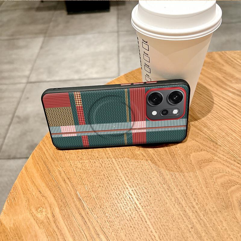 For Oppo Reno14 Pro Case Red Green Stripe Pattern Leather Magsafe Individual Metal Keys Matte Anti-Slip Grip Soft Cover