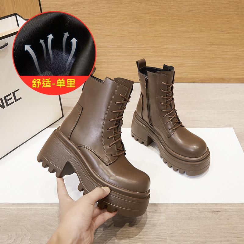 2025 new platform Martin boots women's British lace-up round head thick heel height increase thin Internet celebrity short locomotive boots