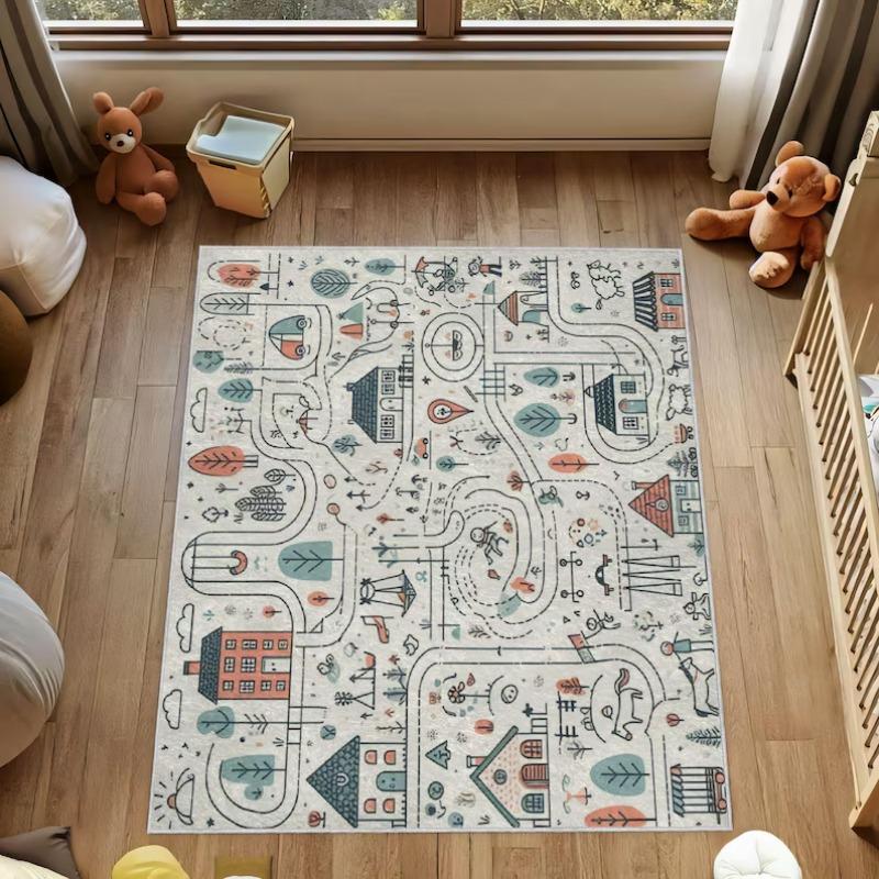 Town Map Design Carpet Children's City Road Play Rug Urban Explorer Theme Kids Room Accent Rug Water-absorbing and Non-slip Mat