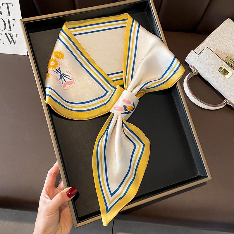 Korea Qiandongge spring summer imitation silk double-layer satin lazy cross diagonal silk scarf women s small ear scarf versatile 77*14cm