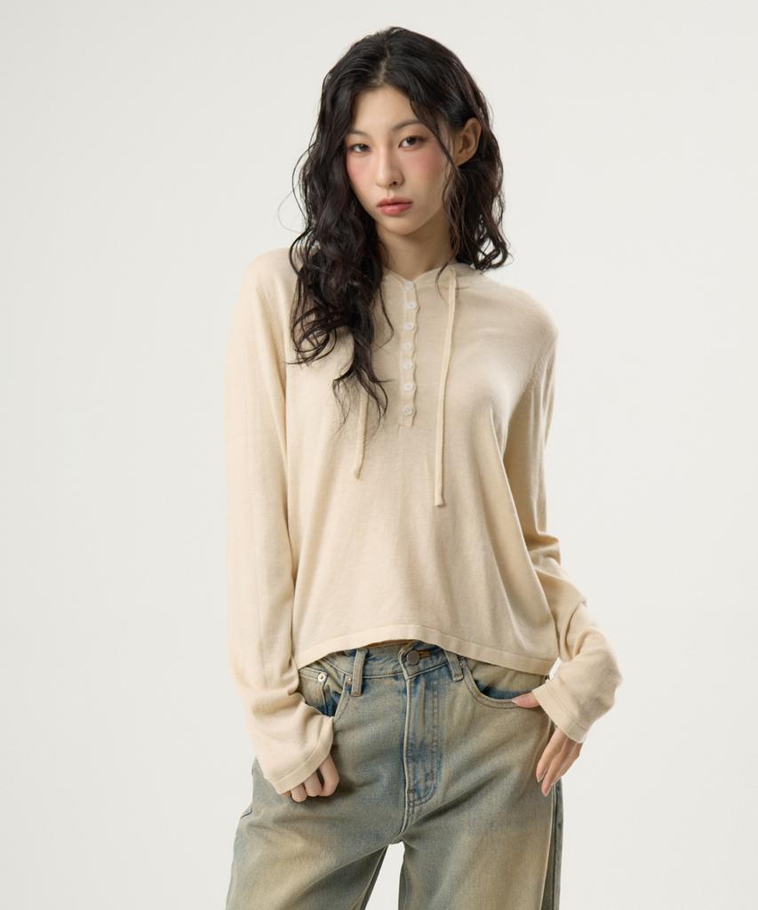UNKNOWN PLANET Daily Button Hoodie Knit Beige