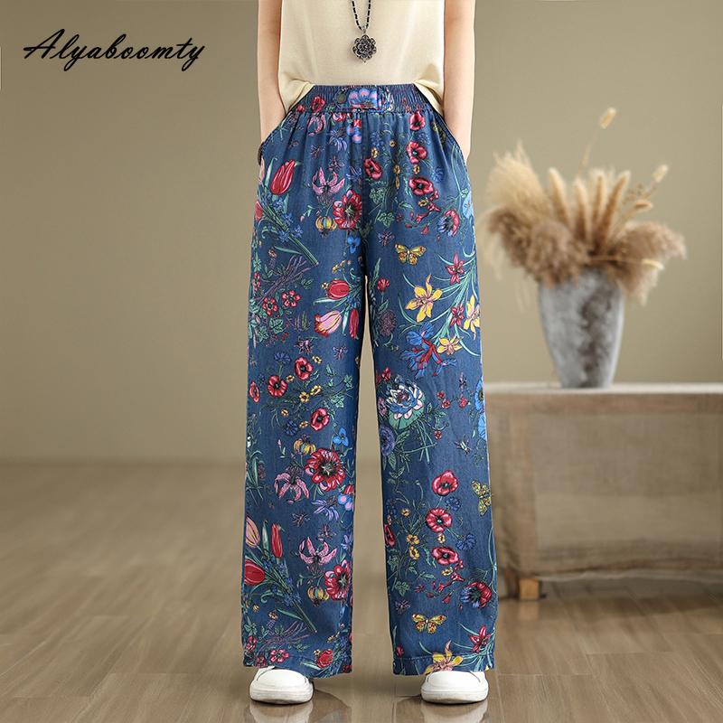 Letnie damskie dżinsy Tencel w dużych rozmiarach z wysokim stanem, z kwiatowym nadrukiem i kontrastowymi kolorami, spodnie codzienne, luźne, w stylu vintage, cienkie dżinsy damskie