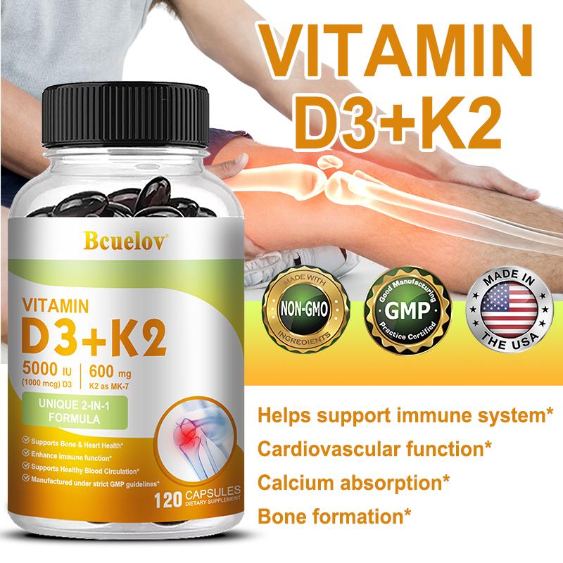 Bcuelov Vitamin D3+K2 Kapseln Fördern die Kalziumaufnahme und erhalten die Immun gesundheit 120 Kapseln