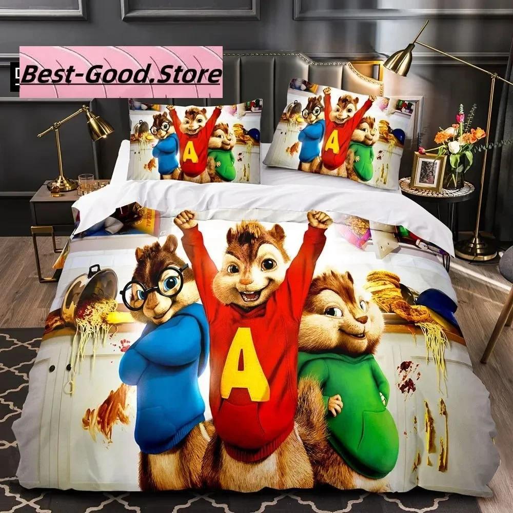 3D Kreslený C-Chipmunk A-Alvin Ložní Sada Tištěná Ložní Sada s Povlakem na Polštář Přikrývka na Postel Jednolůžko Dvoulůžko Queen Super King Size