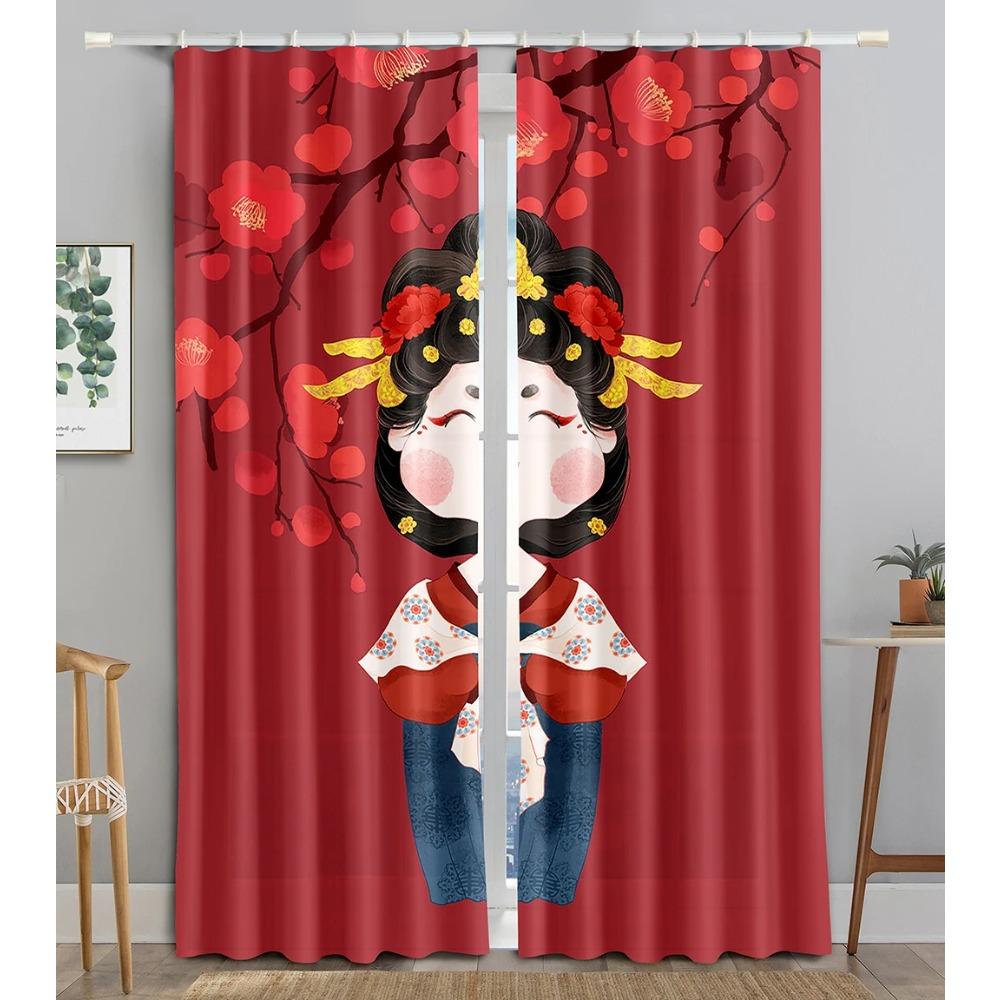 Chinese Animated Maid TraditionalOpera Blackout Window Panel Curtain Living Room Room Bedroom Bathroom Kicthen Door Cupboard Decor Hooks