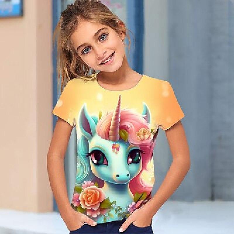 T-shirt T-shirt Enhörning tecknad 3D för flickor Kortärmad 3D-tryck Sommar Vår Aktivt Mode Söt Polyester Barn 3-12 år Utomhus