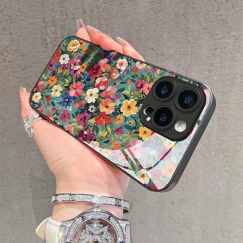 Style Colorful Floral Pattern HD Tempered Glass Phone Case For iPhone 17 16 15 14 13 12 11 Pro Max 16E 7 8 Plus XR XS X Cover