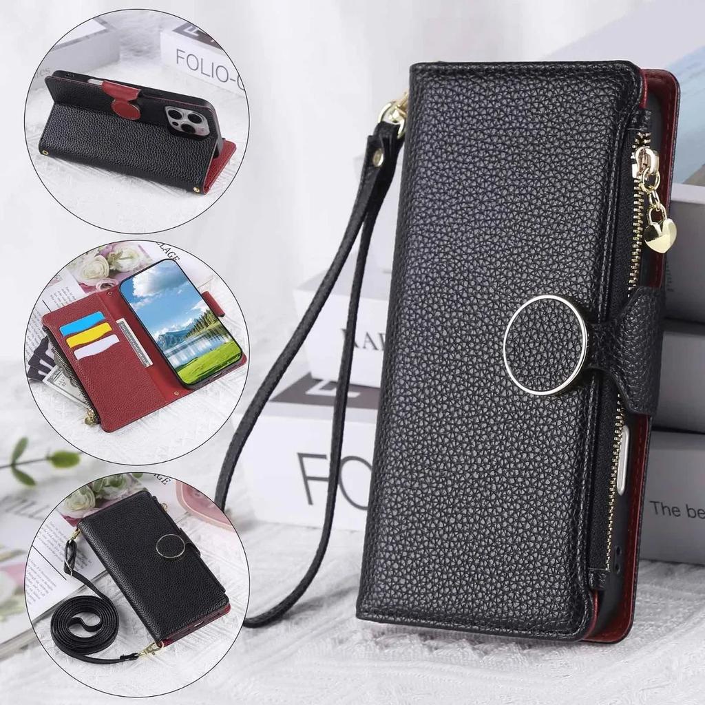 Custodia per Telefono a Tracolla con Laccetto e Zip per Donna per Samsung Galaxy Z Fold 7 6 5 4 Fold7 Fold6 Portafoglio Porta Carte Copertura in Pelle