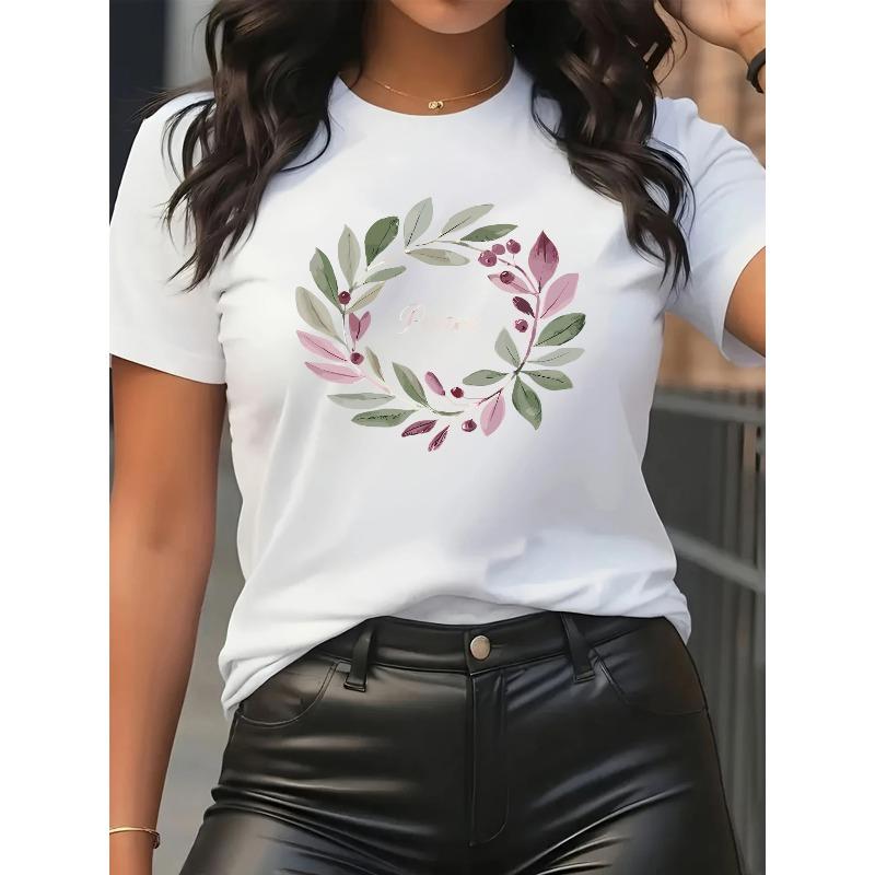 Women s Plant Print Crew Neck Short Sleeve T-Shirt Soft Breathable Casual Fashion Versatile Tee S белый