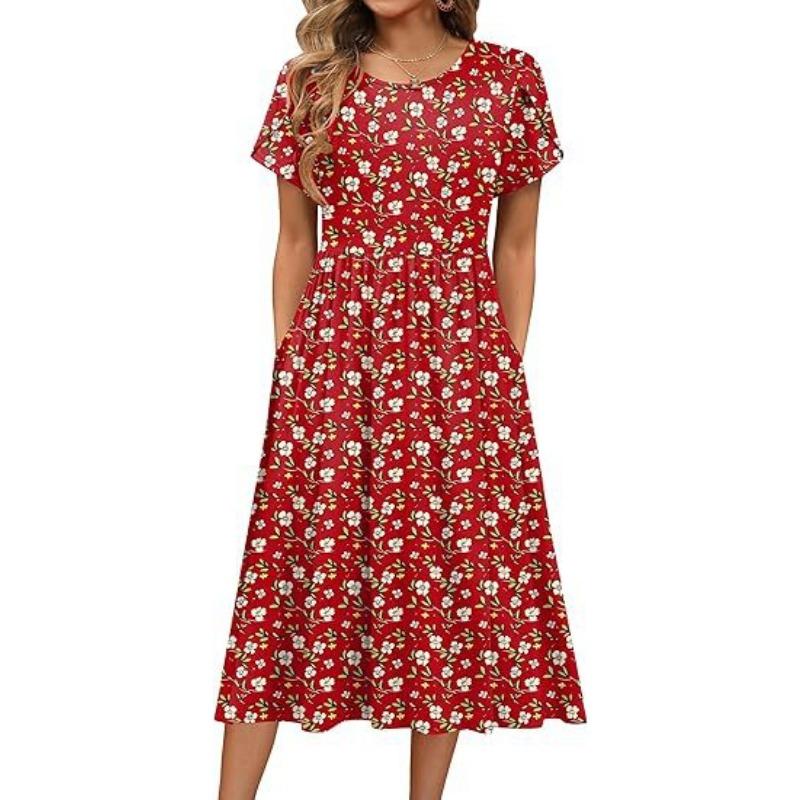 A Women's Round-neck Petal-sleeved, Short-sleeved Mid-length Printed Dress