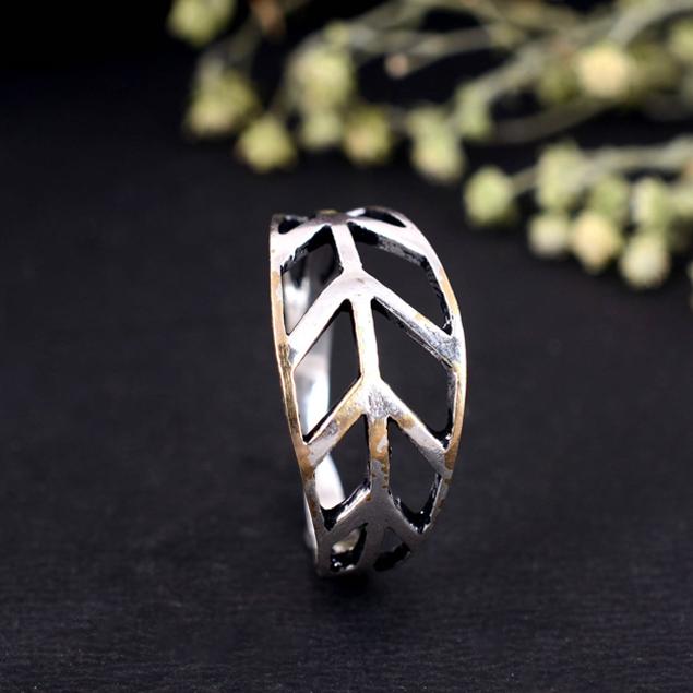 Silver Cutout Leaf Ring | Adjustable Wide Band Botanical Jewelry | Oxidized Boho Nature Inspired Statement Ring | Handmade Gift for Her