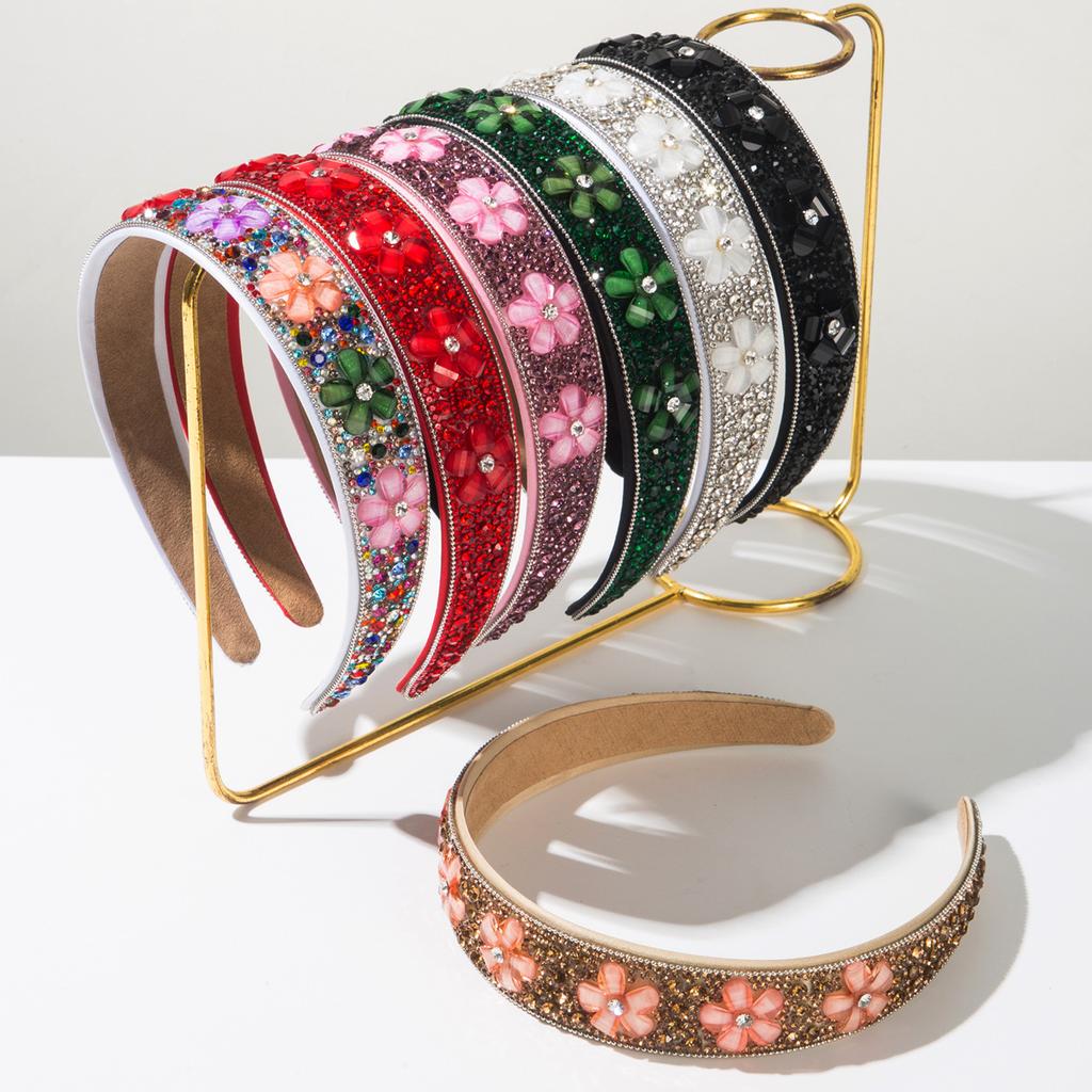 Solid Color Crystal Flower Full Diamond Headband Baroque Style Trendy Versatile Prom Party Hair Accessory