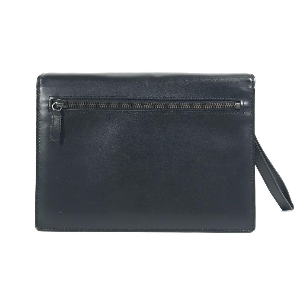 VERSACE with Strap logo Bag Pouch Flap Clutch Bag Leather Black