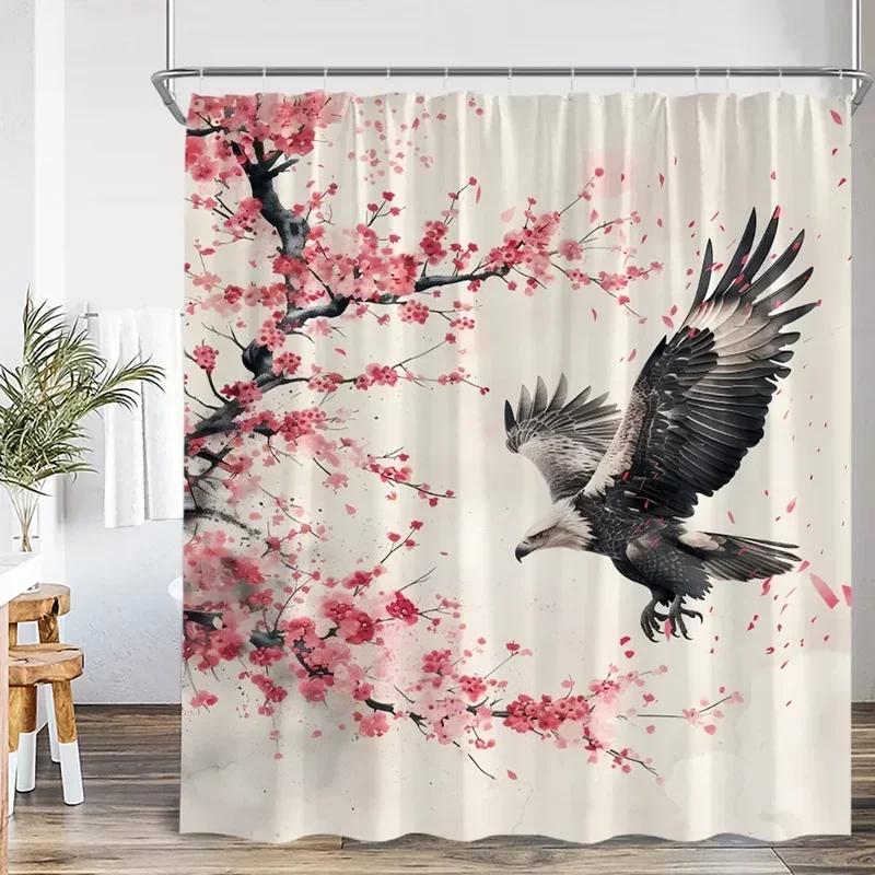 Ink Painting Shower Curtain Chinese Asian Style Cherry Blossom Japanese Woman Classical Bathroom Decor Polyester Bath Curtain