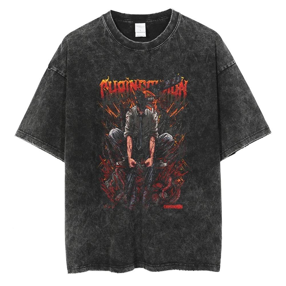 Chainsaw Man Reze (Bomb Devil) Black & White Line Art Vintage Washed Anime T-Shirt, Unisex Manga Fan Streetwear Tee, 100% Cotton Casual Short Sleeve
