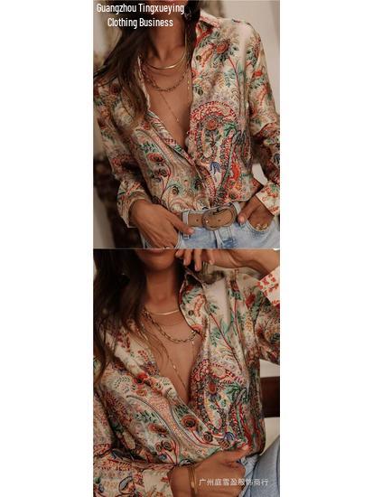 European Summer Casual Women's Long Sleeve Printed Lapel Shirt