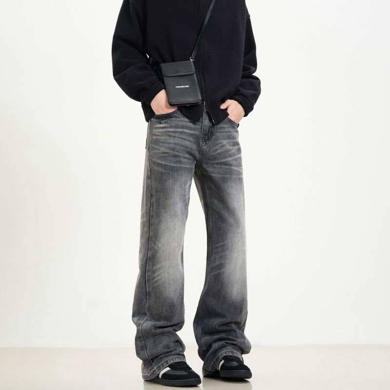 

Kisko High Street American Style Washed Whiskered Cleanfit Flared Jeans Unisex Straight Slim Fit Pants Black 2XL