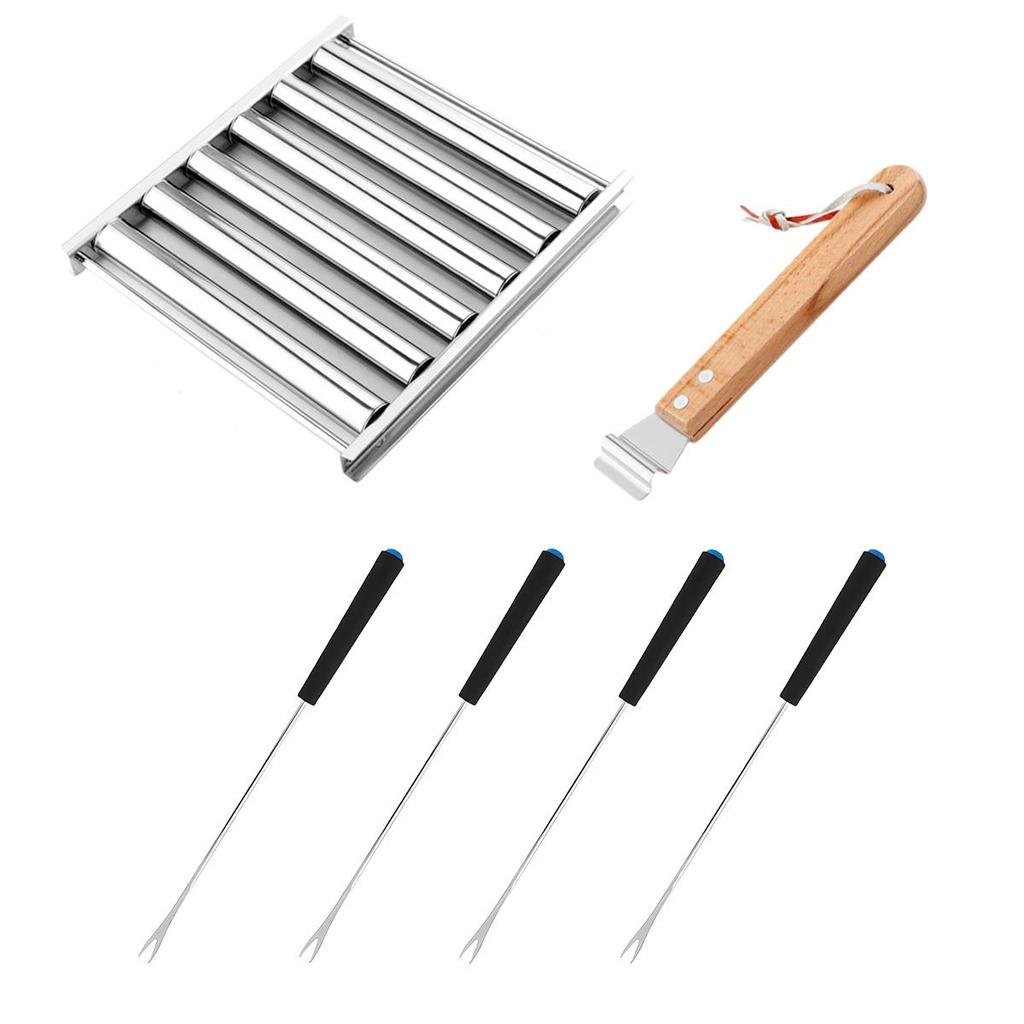 Stainless Steel Portable Detachable Hot Dog & Sausage Grilling Rack Set with Food Clip Fork.