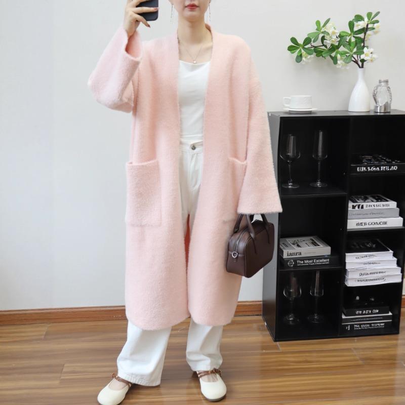 Imitation mink velvet knitted cardigan women's autumn and winter long temperament loose lazy style sweater jacket commuter style