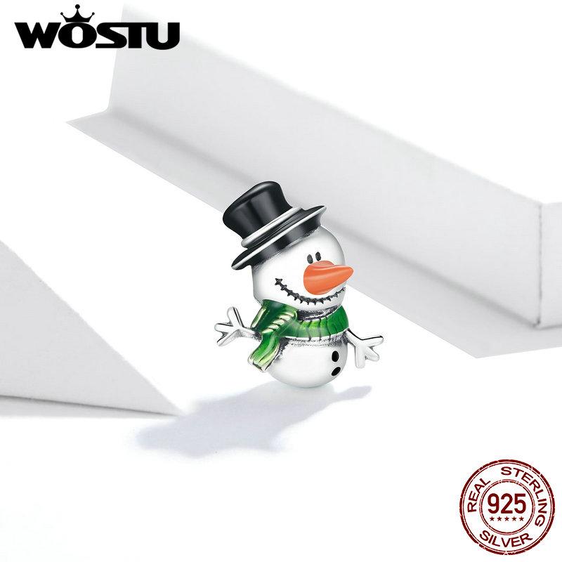 WOSTU 100% 925 Sterling Silver Christmas Tree Bead CZ Santa Claus Charm Snowman Pendant DIY Bracelet Necklace Original Jewelry
