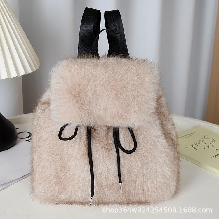 Y2k Plush Backpack Women Small Cute Drawstring Leopard Fluffy Bag Solid Soft Fleece Knapsack Winter Warm Faux Fur Mini Backpack