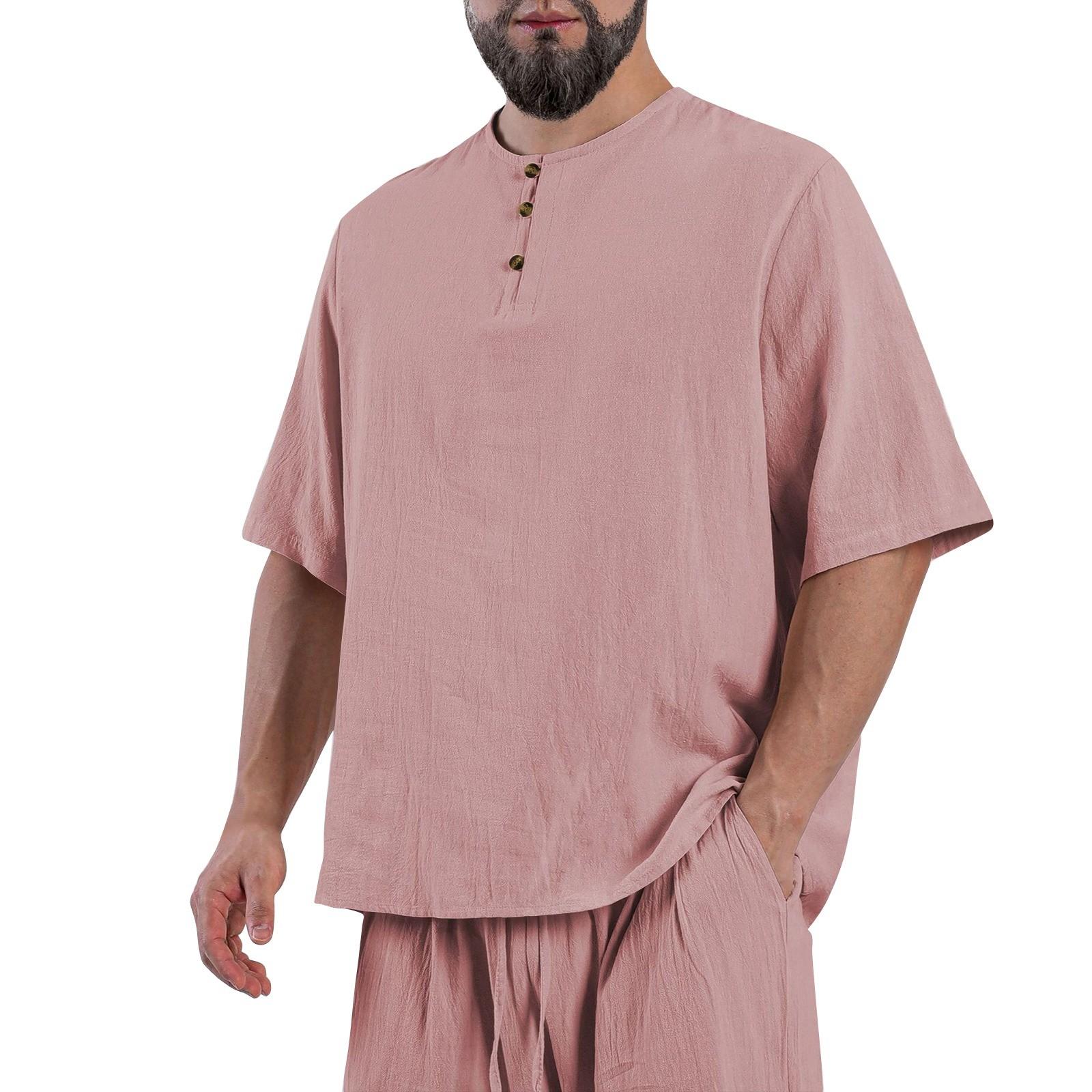 

Мужская однотонная рубашка из хлопка и льна с воротником-стойкой и карманами, с рукавом четверть длины и пуговицами XL розовый